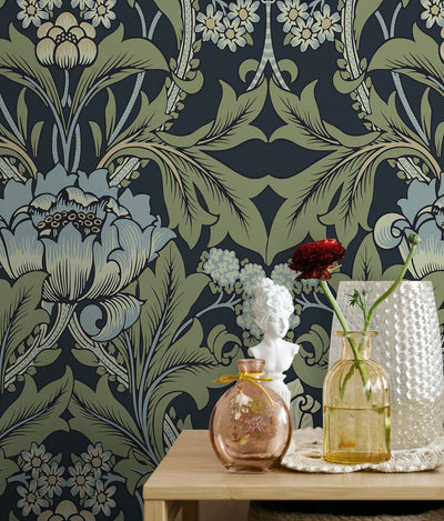 product image for Primrose Garden Wallpaper in Midnight Blue & Sage 2