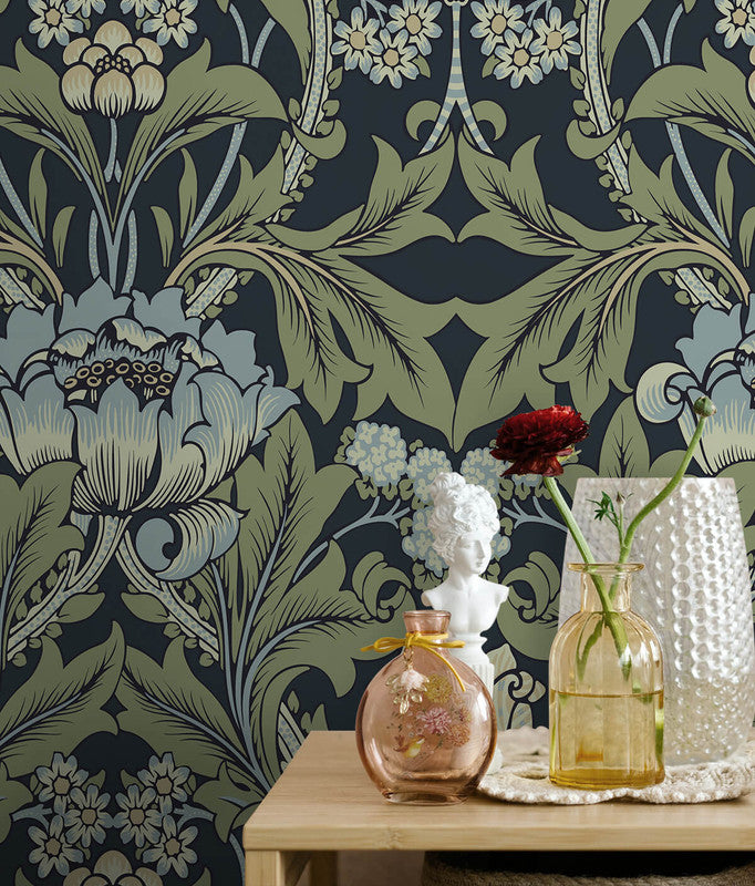 media image for Primrose Garden Wallpaper in Midnight Blue & Sage 295