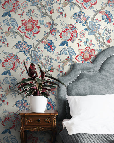 product image for Bernadette Jacobean Wallpaper in French Blue & Antique Ruby 58