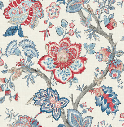 product image for Bernadette Jacobean Wallpaper in French Blue & Antique Ruby 97