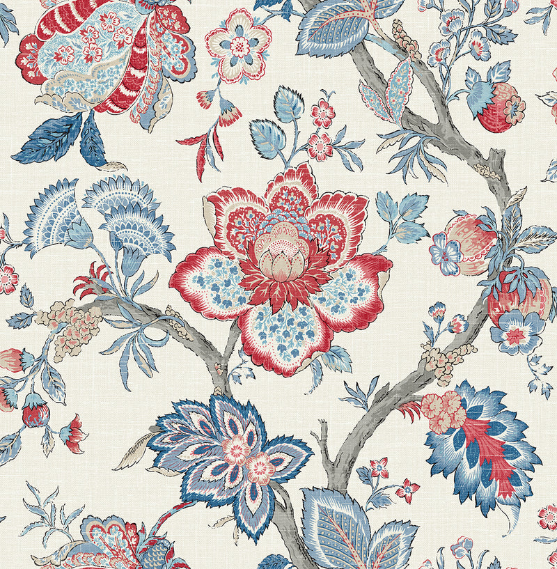 media image for Bernadette Jacobean Wallpaper in French Blue & Antique Ruby 29