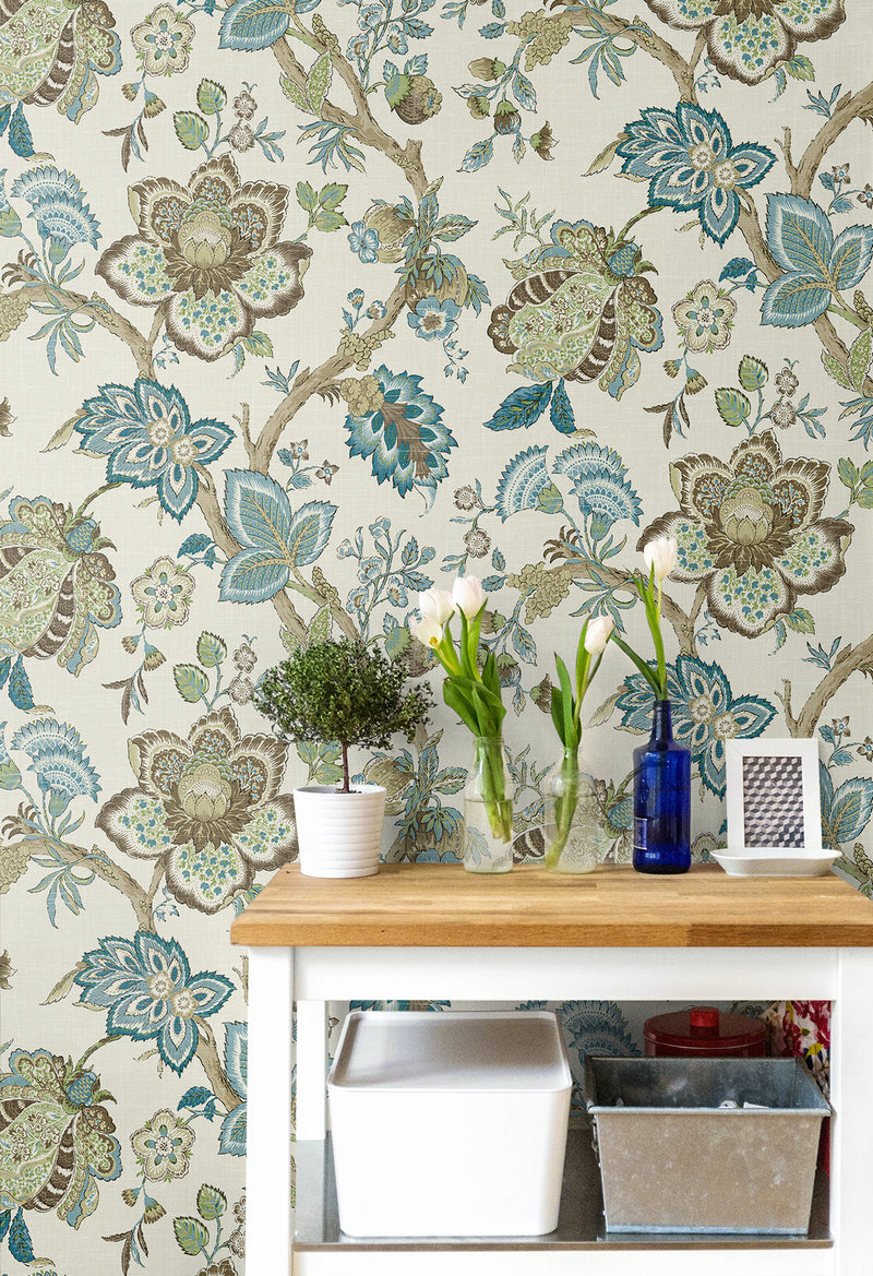 media image for Bernadette Jacobean Wallpaper in Hickory Smoke & Blue Bell 273