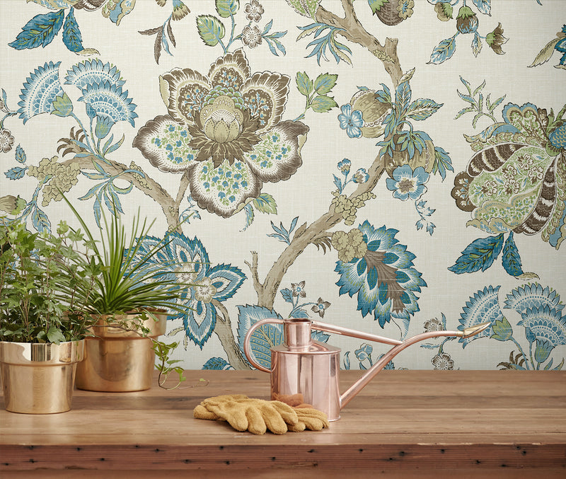 media image for Bernadette Jacobean Wallpaper in Hickory Smoke & Blue Bell 232