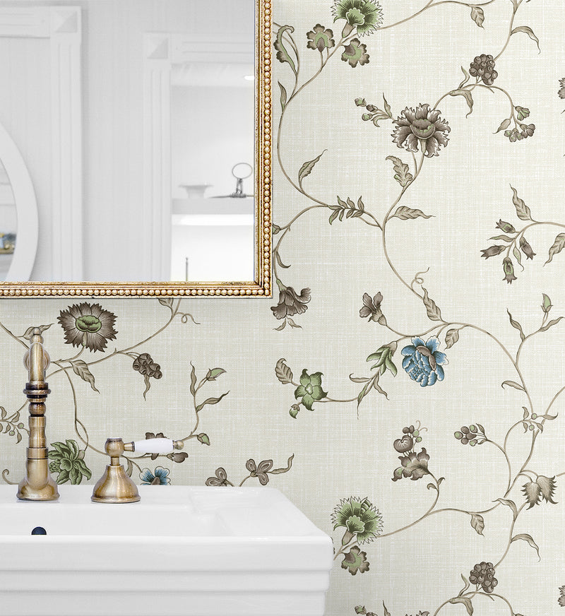 media image for Florale Trail Wallpaper in Greige & Blue Bell  220