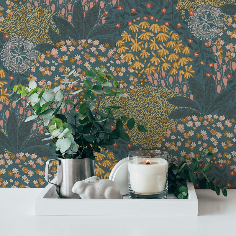 media image for Forest Bloom Motif Wallpaper in Turqouise/Yellow 213