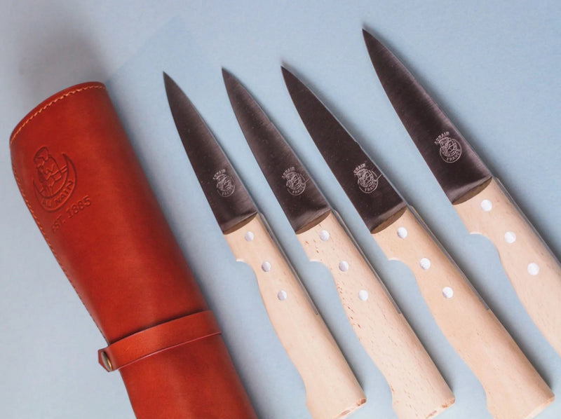 media image for au nain boucher set of 4 beech wood steak knives with leather pouch 4 249
