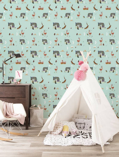 product image for Forest Animals Kids Wallpaper in Mint by KEK Amsterdam 0