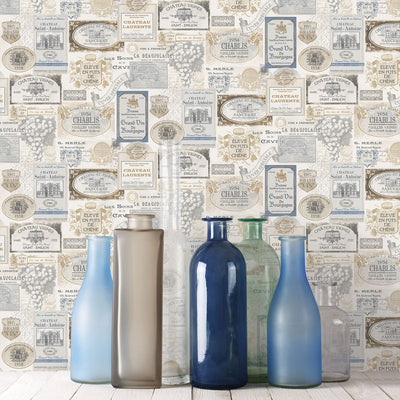 product image for Wine Labels Beige/Blue Wallpaper from the Kitchen Recipes Collection by Galerie Wallcoverings 79