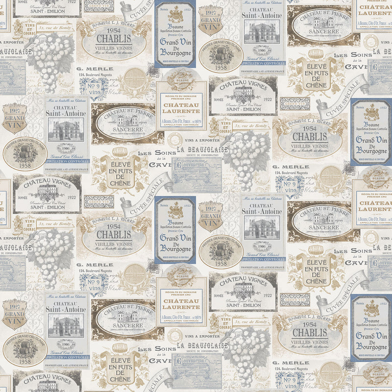 media image for Wine Labels Beige/Blue Wallpaper from the Kitchen Recipes Collection by Galerie Wallcoverings 25