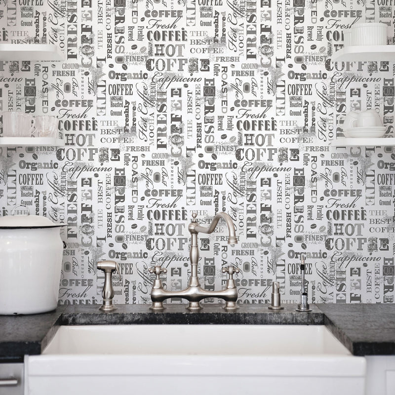 media image for Coffee Script Black/White Wallpaper from the Kitchen Recipes Collection by Galerie Wallcoverings 249