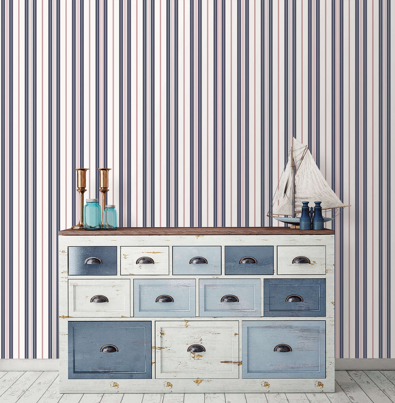 media image for Two Colour Stripe Navy/Red Wallpaper from the Deauville 2 Collection by Galerie Wallcoverings 234