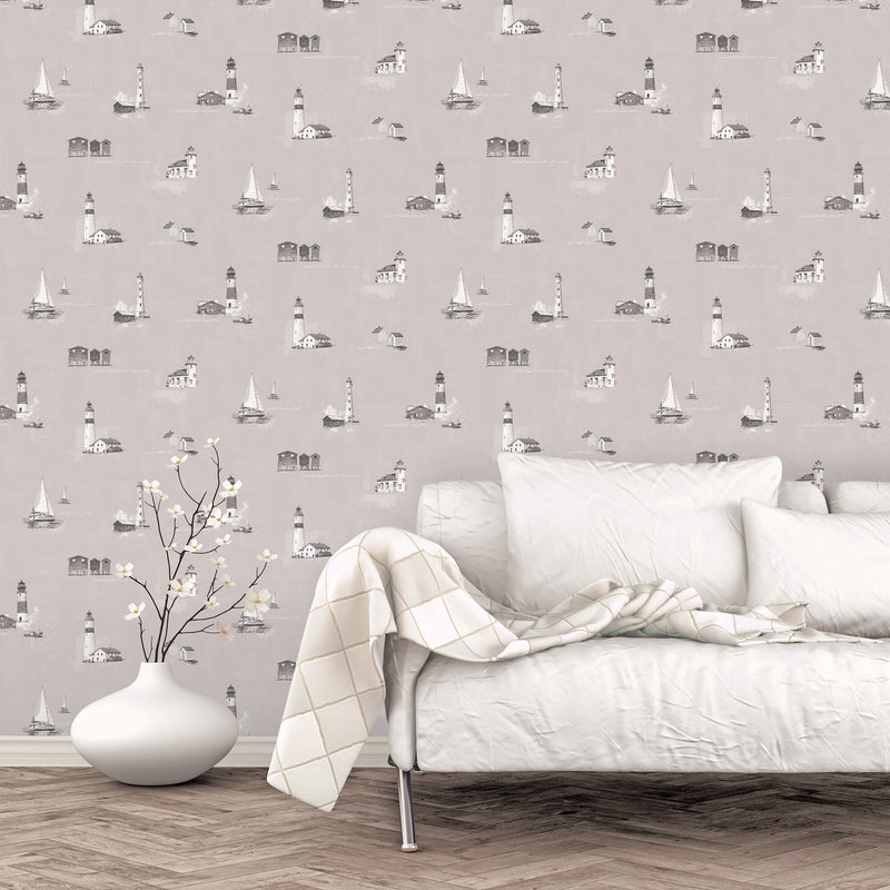 media image for Beach Huts Taupe Wallpaper from the Deauville 2 Collection by Galerie Wallcoverings 223