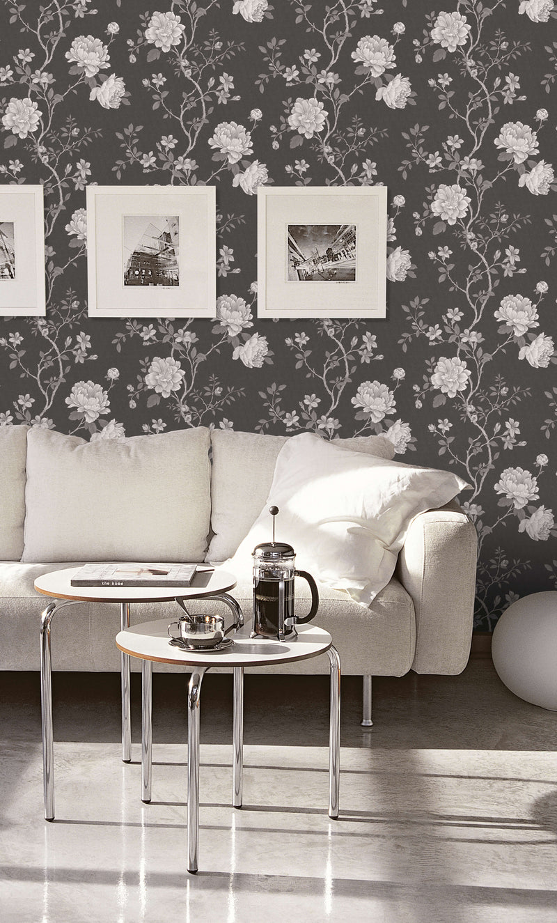 media image for Large Rose Trail Charcoal/White Wallpaper from the Vintage Roses Collection by Galerie Wallcoverings 279