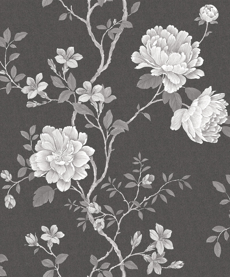 media image for Large Rose Trail Charcoal/White Wallpaper from the Vintage Roses Collection by Galerie Wallcoverings 218