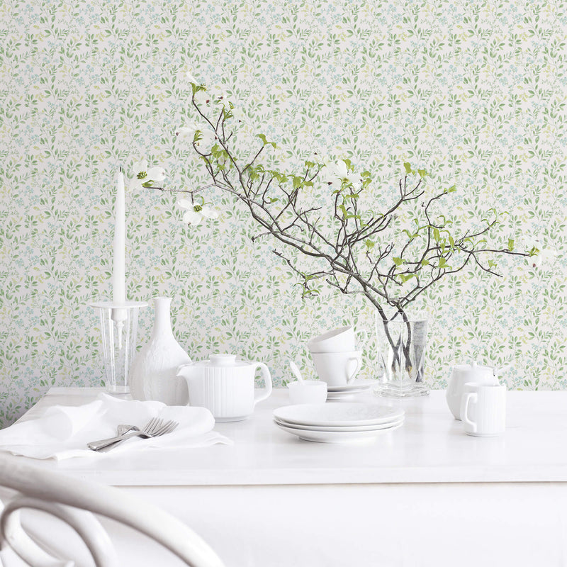 media image for Spring Leaf Trail Green/Blue Wallpaper from the Just Kitchens Collection by Galerie Wallcoverings 249