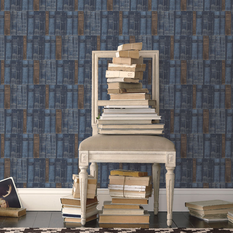 media image for Library Books Blue Wallpaper from the Nostalgie Collection by Galerie Wallcoverings 248