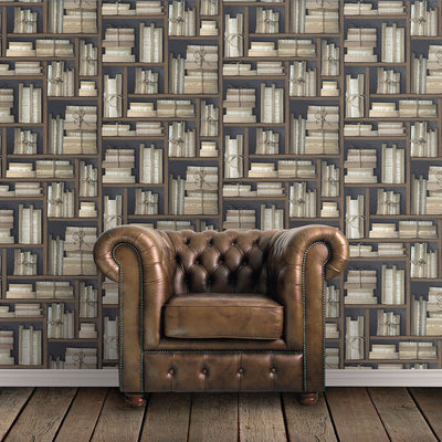 product image of Natural Books Dark Brown Wallpaper from the Nostalgie Collection by Galerie Wallcoverings 544