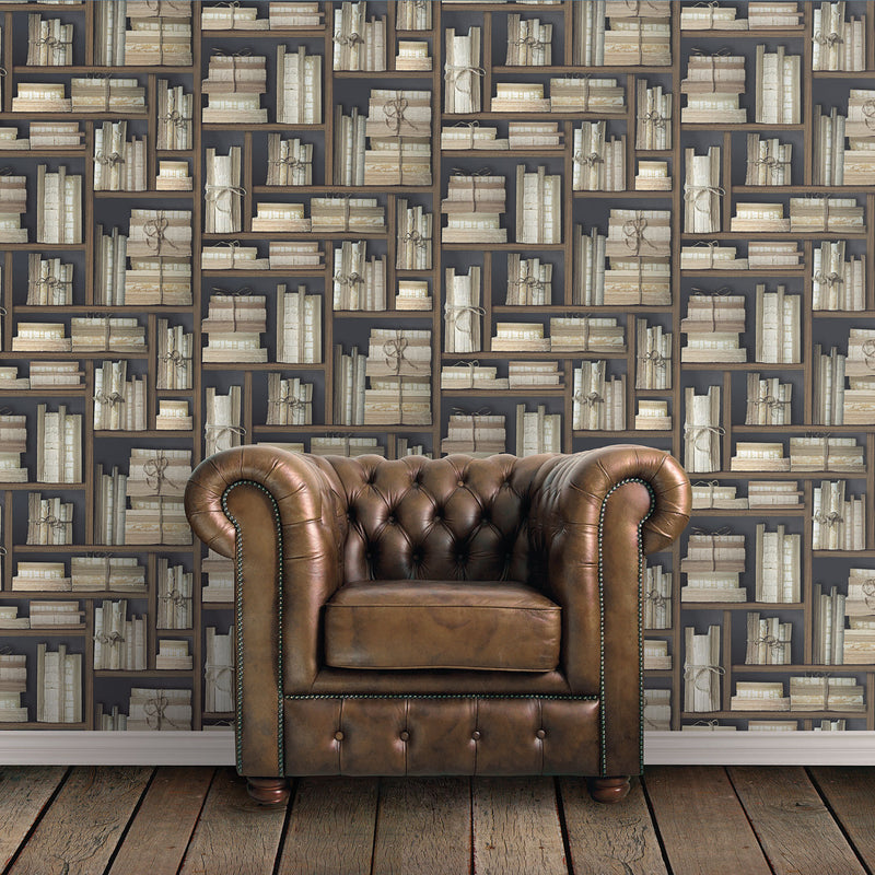 media image for Natural Books Dark Brown Wallpaper from the Nostalgie Collection by Galerie Wallcoverings 251