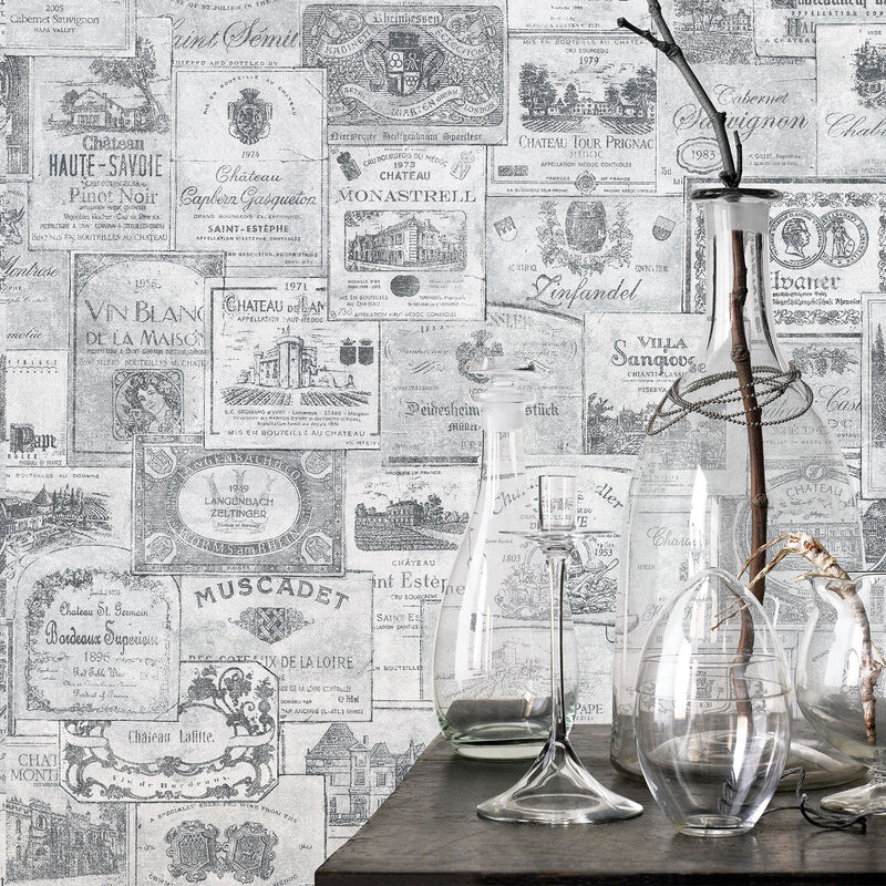 media image for Wine Labels Silver/Grey Wallpaper from the Nostalgie Collection by Galerie Wallcoverings 225