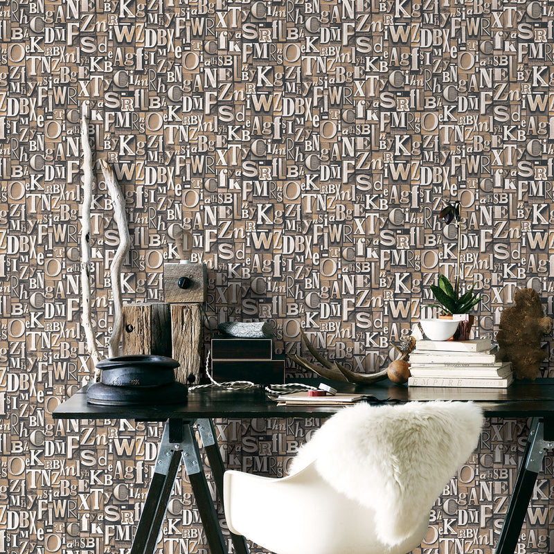 media image for Block Letters Bronze/Brown Wallpaper from the Nostalgie Collection by Galerie Wallcoverings 290