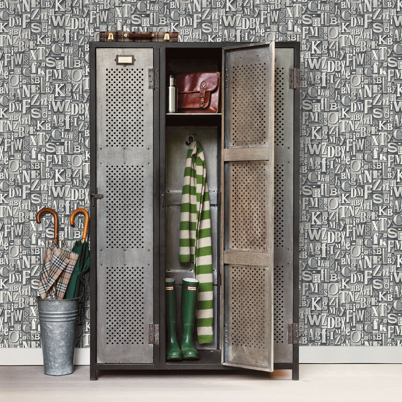 media image for Block Letters Silver/Grey Wallpaper from the Nostalgie Collection by Galerie Wallcoverings 298