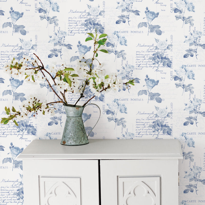 media image for Postale Rose Blue Wallpaper from the Nostalgie Collection by Galerie Wallcoverings 268