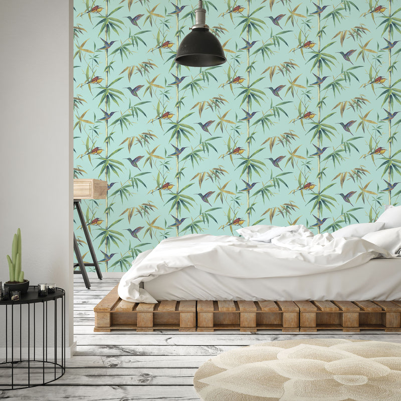 media image for Hummingbirds Turquoise Wallpaper from the Global Fusion Collection by Galerie Wallcoverings 297