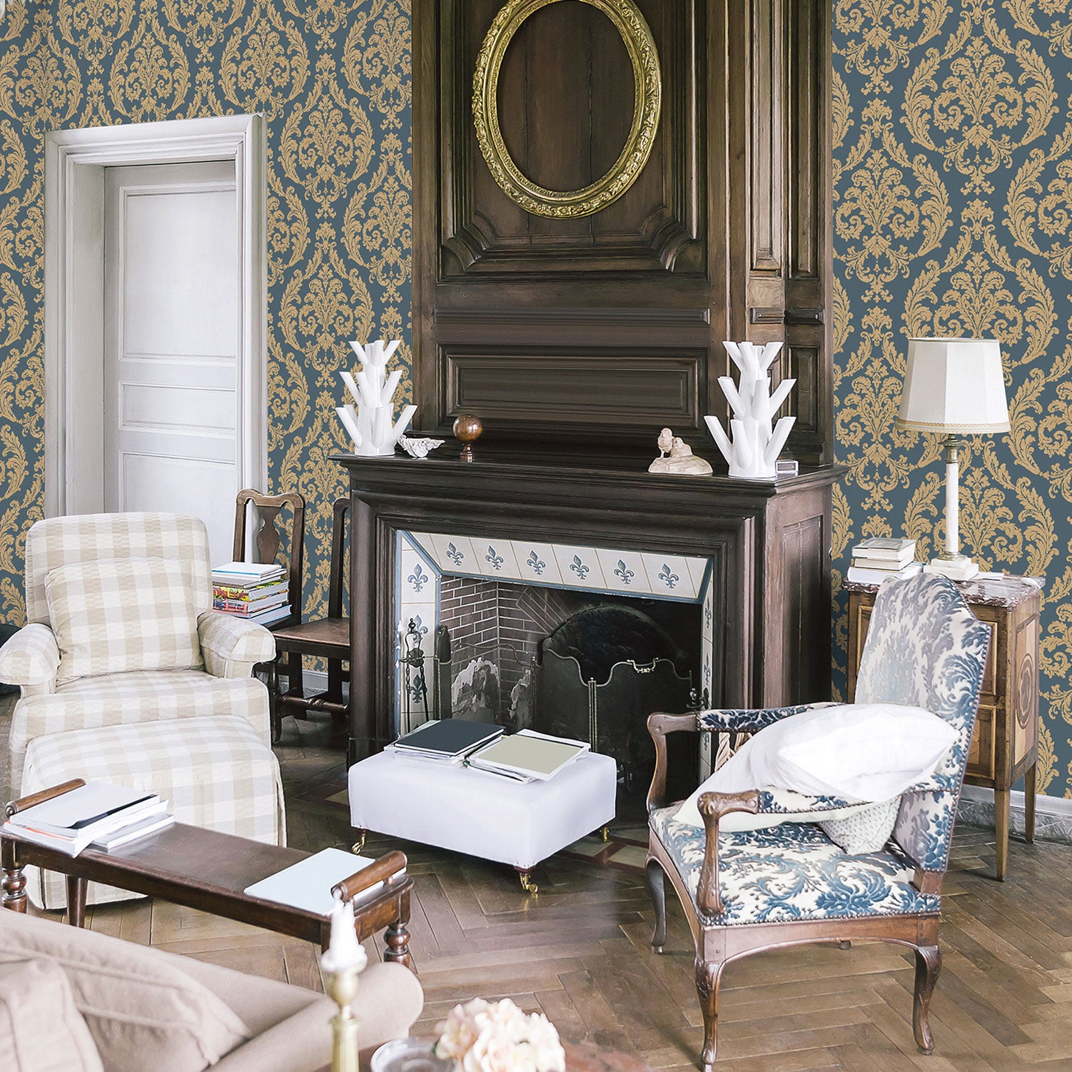 Shop Traditional Damask Blue/Gold Wallpaper from the Palazzo Collection ...