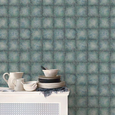 product image for Metallic Tile Wallpaper in Teal/Silver from the Ambiance Collection by Galerie Wallcoverings 55