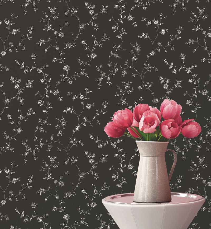 media image for Floral Trail Black Wallpaper from the Miniatures 2 Collection by Galerie Wallcoverings 249