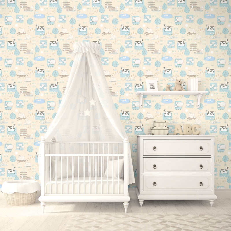 media image for Farmland Beige/Turquoise Wallpaper from the Tiny Tots 2 Collection by Galerie Wallcoverings 246