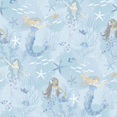 product image of Mermaids Blue/Glitter Wallpaper from the Tiny Tots 2 Collection by Galerie Wallcoverings 595