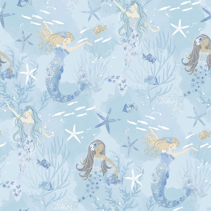 media image for Mermaids Blue/Glitter Wallpaper from the Tiny Tots 2 Collection by Galerie Wallcoverings 217