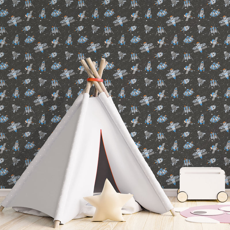 media image for Spaceships Black Multi Wallpaper from the Tiny Tots 2 Collection by Galerie Wallcoverings 293