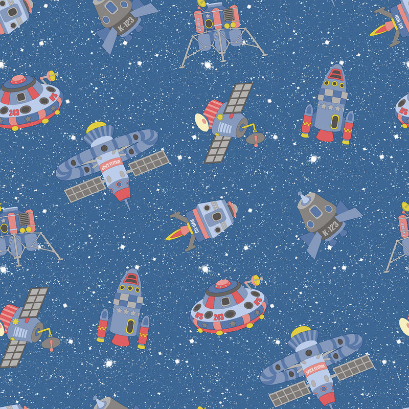 media image for Spaceships Cobalt/Glitter Wallpaper from the Tiny Tots 2 Collection by Galerie Wallcoverings 24