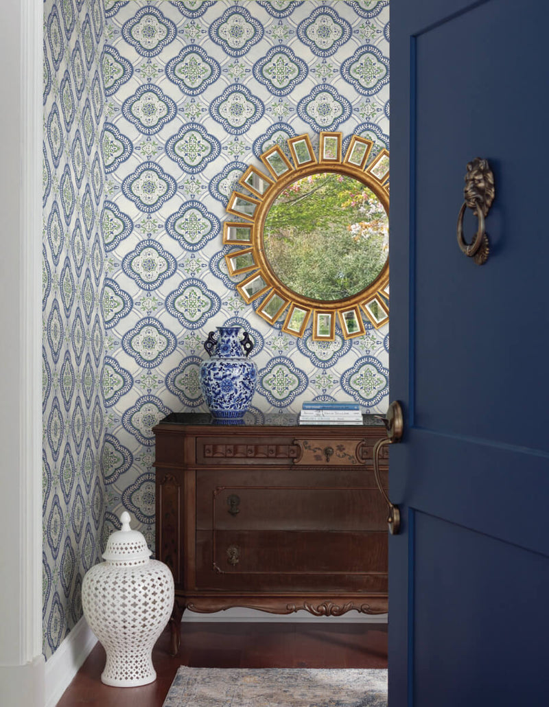 media image for Garden Trellis Cobalt Wallpaper from the Greenhouse Collection by York Wallcoverings 269