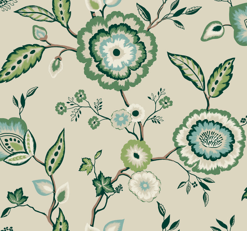 media image for Dahlia Blooms Linen/Jade Wallpaper from the Greenhouse Collection by York Wallcoverings 229