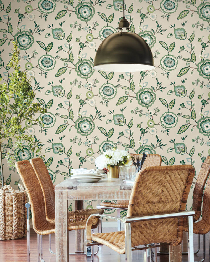 media image for Dahlia Blooms Linen/Jade Wallpaper from the Greenhouse Collection by York Wallcoverings 237