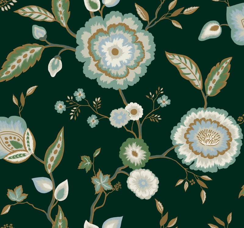 media image for Dahlia Blooms Forest/Seafoam Wallpaper from the Greenhouse Collection by York Wallcoverings 285