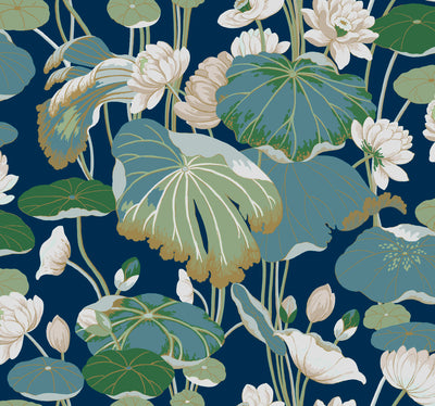 product image of Lotus Pond Indigo/Gold Wallpaper from the Greenhouse Collection by York Wallcoverings 561