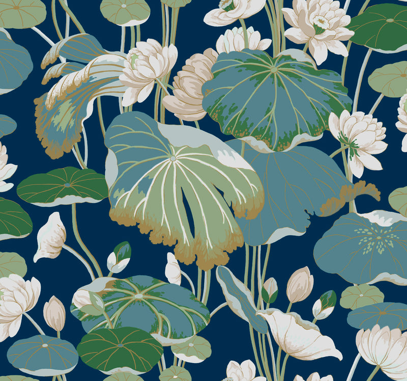 media image for Lotus Pond Indigo/Gold Wallpaper from the Greenhouse Collection by York Wallcoverings 223