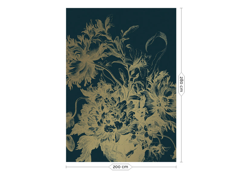 media image for Gold Metallic Wall Mural in Engraved Flowers Blue by Kek Amsterdam 21