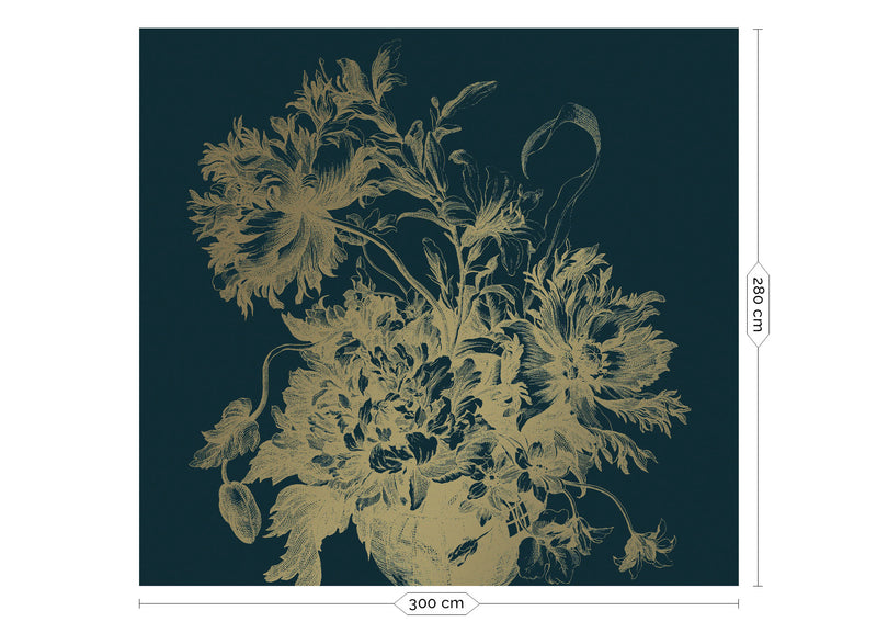 media image for Gold Metallic Wall Mural in Engraved Flowers Blue by Kek Amsterdam 230
