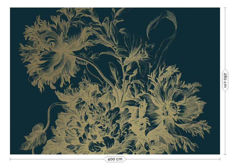 media image for Gold Metallic Wall Mural in Engraved Flowers Blue by Kek Amsterdam 233