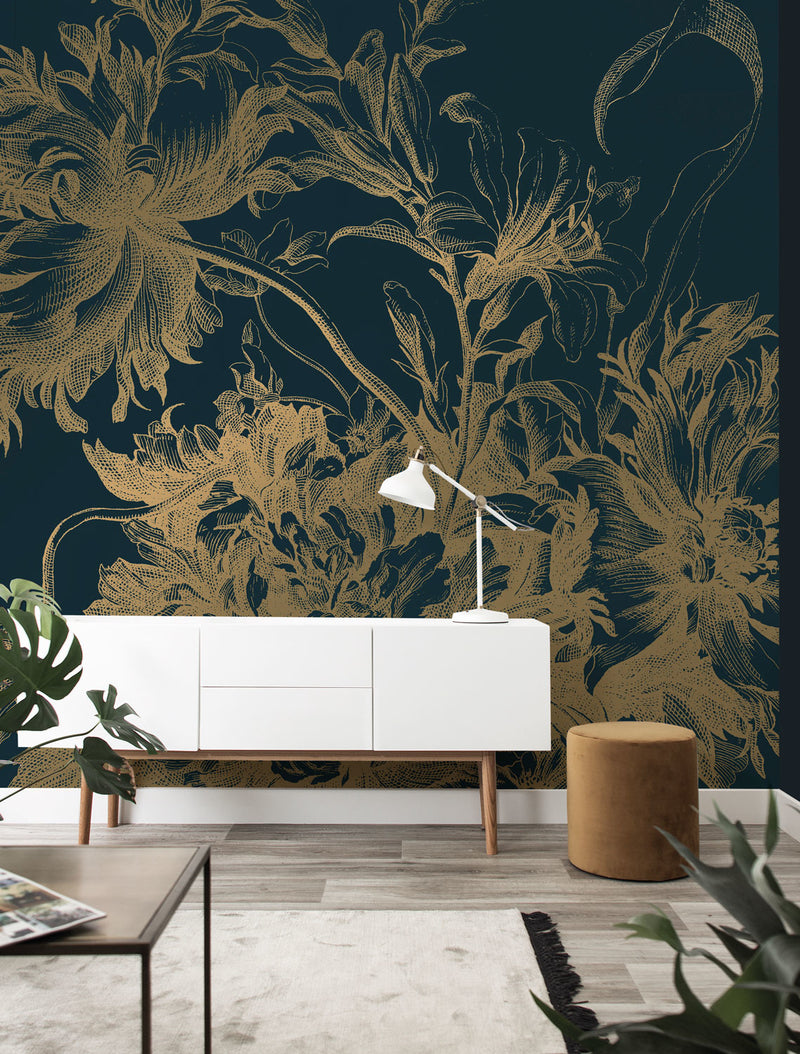 media image for Gold Metallic Wall Mural in Engraved Flowers Blue by Kek Amsterdam 294