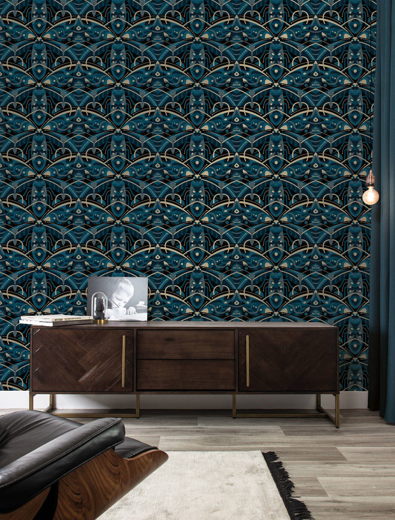 media image for Gold Metallic Wallpaper Art Deco Animaux in Beetle Blue by Kek Amsterdam 277