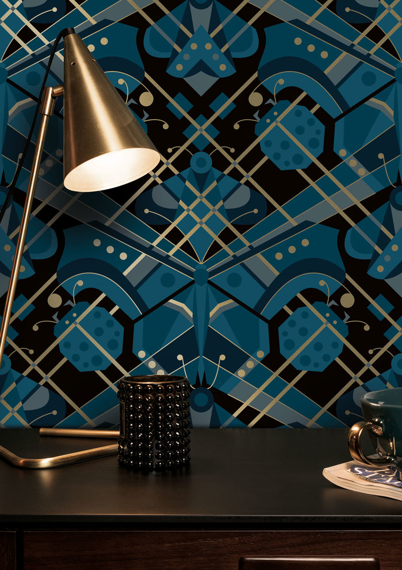 media image for Gold Metallic Wallpaper Art Deco Animaux in Butterfly Blue by Kek Amsterdam 275