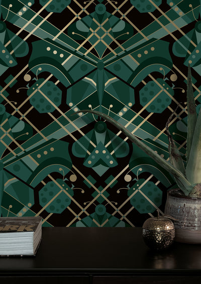 product image for Gold Metallic Wallpaper Art Deco Animaux in Butterfly Green by Kek Amsterdam 90