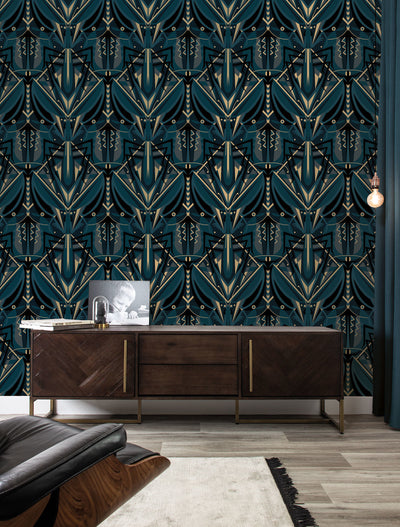 product image for Gold Metallic Wallpaper Art Deco Animaux in Grasshopper Blue by Kek Amsterdam 97