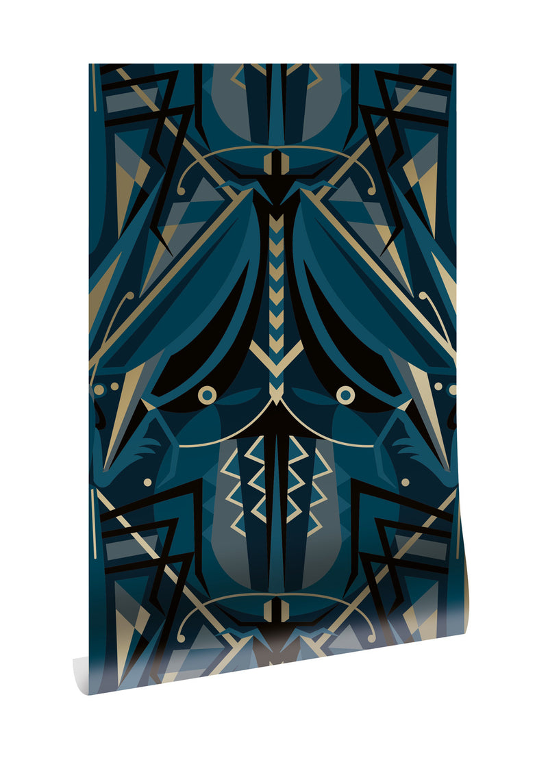 media image for Gold Metallic Wallpaper Art Deco Animaux in Grasshopper Blue by Kek Amsterdam 253